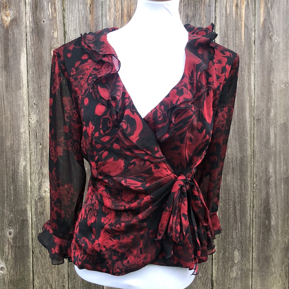 Connected Apparel Wrap Blouse w/ Ruffled collar & front w/ Side Tie & Longsleeve